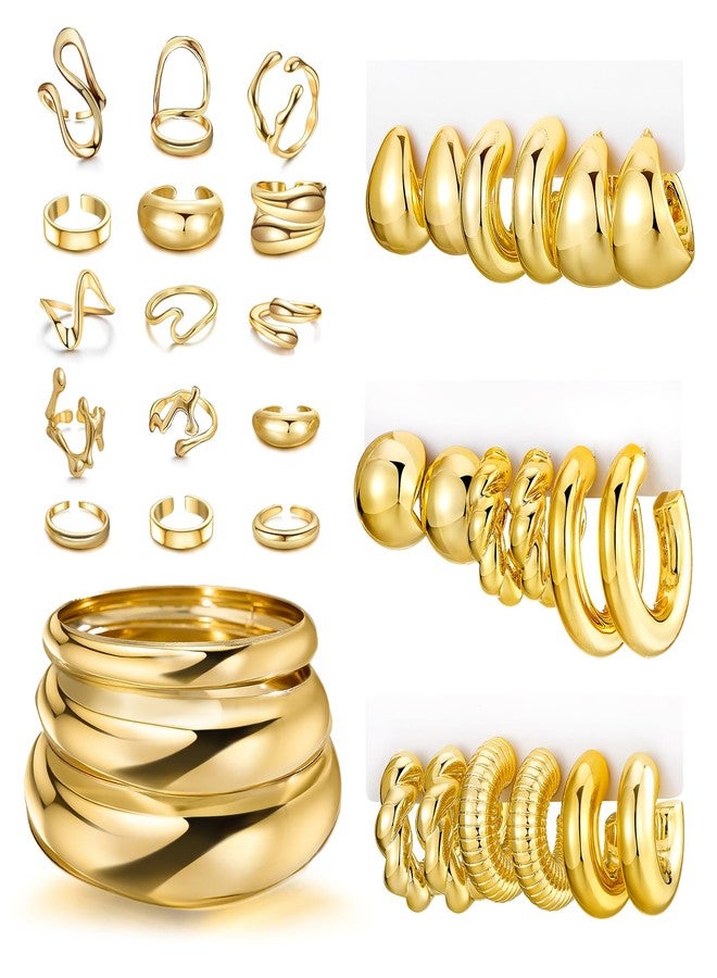 MEDOJO 36 Pcs Golden Jewelry Set for Women Chunky Bangle Bracelet Golden Hoop Earrings Stackable Ring Chunky Jewelry Set for Women - Image 1
